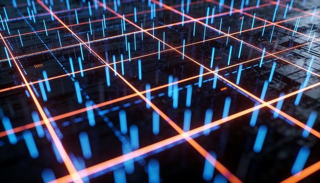 Neon data grid with glowing blue columns on futuristic circuit matrix tech visualization