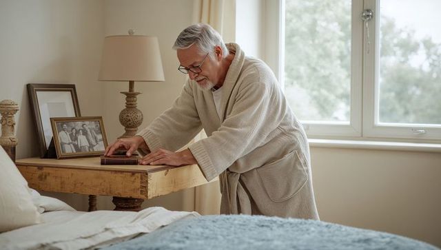 Elderly man in robe pausing with hands on closed book at bedside during quiet morning reflection