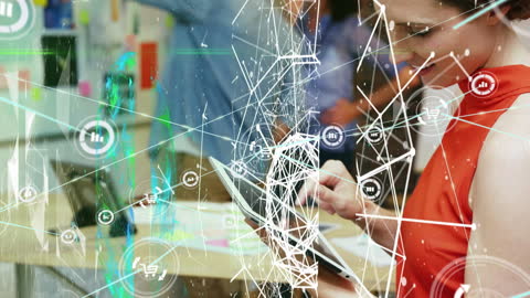 Businesswoman Engages with Futuristic Digital Network on Tablet