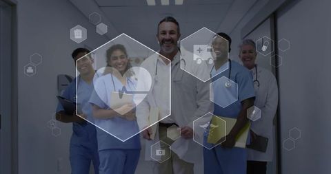 Healthcare professionals walking hallway showing digital connection