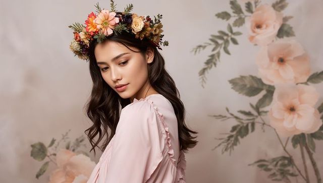 Elegant woman with floral crown in a romantic botanical setting