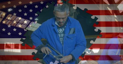 American industry worker with puzzle patterned flag overlay