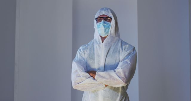 Caucasian male medical worker wearing protective clothing with mask and safety glasses. healthcare and hygiene during coronavirus covid 19 pandemic.