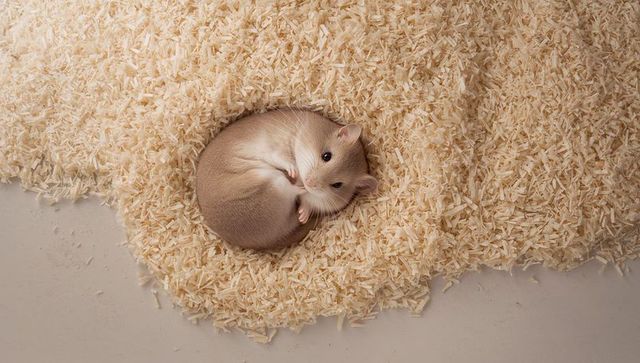 Curled light-tan dwarf hamster sleeping on soft pale wood shavings nesting top-down view