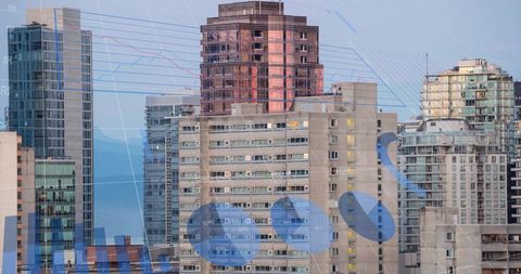 Cityscape with Financial Charts and Graphs Overlay