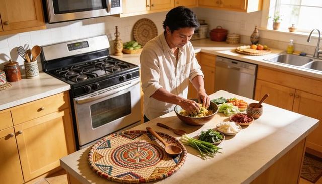 Asian man mixing fresh vegetables on kitchen island with wooden bowl, warm sunlight, healthy cooking