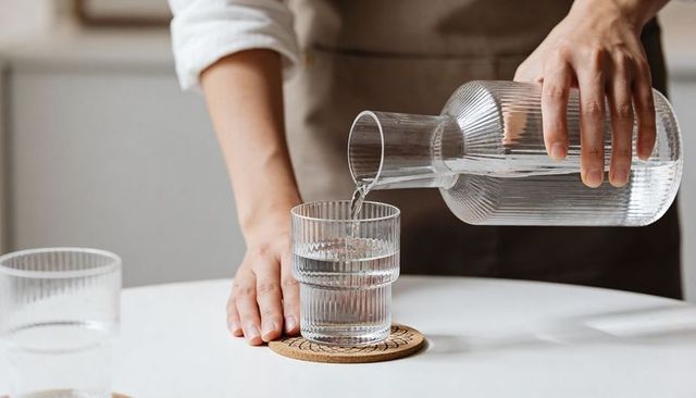 Pouring water from ribbed glass carafe into textured tumbler on minimal white table with cork mat