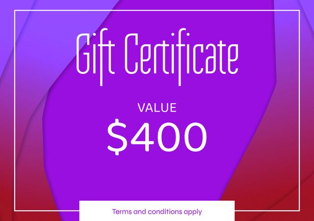 Elegant gift certificate showcasing a $400 value, set against vibrant purple and pink hues. Perfect for promoting special offers, rewards, or luxury gifts, it can be used in various settings such as retail shops, online stores, or as a present for special occasions.