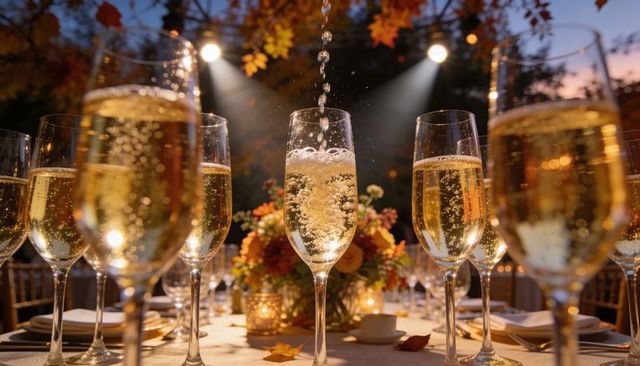 Pouring champagne flute at dusk table with autumn floral centerpiece and candlelight