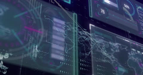 Futuristic Digital Interface with World Map and Data Visualizations