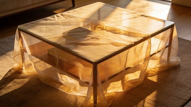 Sheer fabric draping over sunlit coffee table creating warm amber glow and cozy interior mood