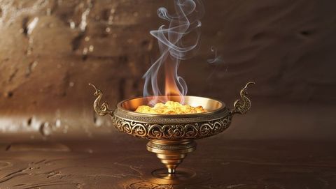 Ornate Ceremonial Brazier with Glowing Embers and Smoke