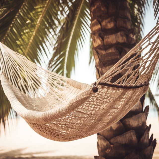 Wicker hammock on beach with palm tree, created using generative ai technology. Vacation at the beach in a wicker hammock concept digitally generated image.