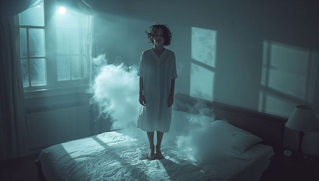 Ethereal woman standing in surreal bedroom with mist
