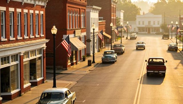 Small-town main street basking in golden hour light with vintage cars and american flags