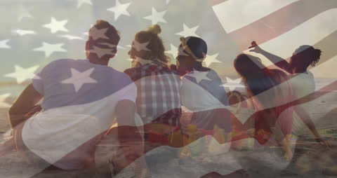 Diverse Friends Enjoying Summer Beach with USA Flag Overlay
