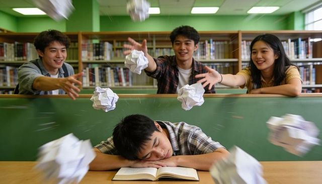 High school students tossing crumpled paper balls while classmate sleeping on open book
