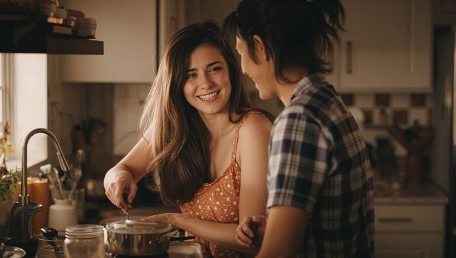 Smiling woman stirring pot while chatting with friend in sunlit cozy home kitchen, lifestyle