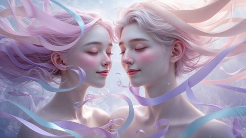 Dreamlike Twin Sisters Wrapped in Ethereal Ribbons