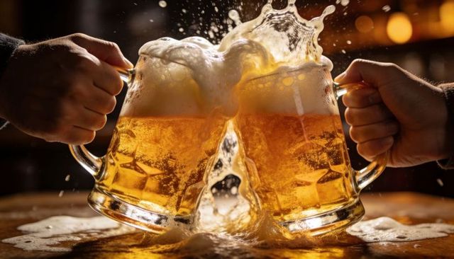 Clinking beer steins with foamy splash at warm rustic pub bar celebration cheers moment
