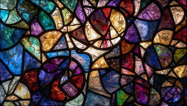 Colorful stained glass mosaic in overlapping geometric design