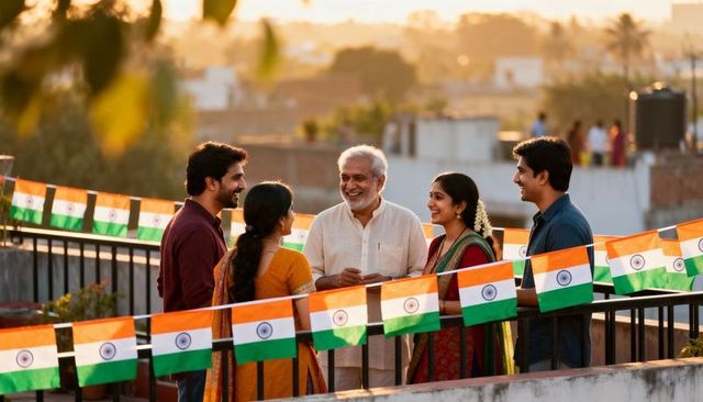 Multigenerational indian family celebrating on rooftop at golden hour with tricolor flags
