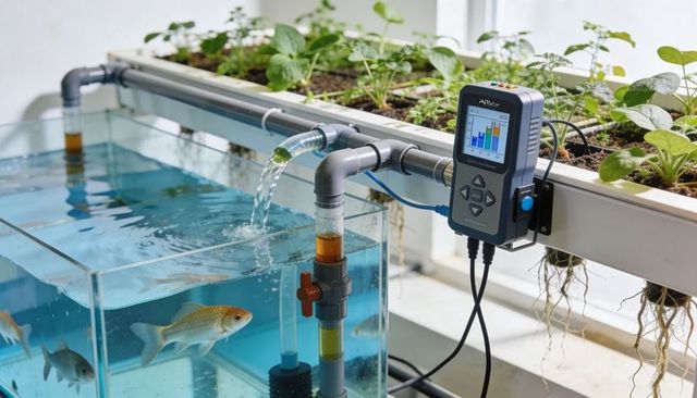 Pumping tabletop aquaponics system circulating water with goldfish, pvc and grow bed