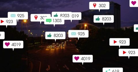 Social Media Engagement Icons Overlay Cityscape - Download Free Stock Images Pikwizard.com