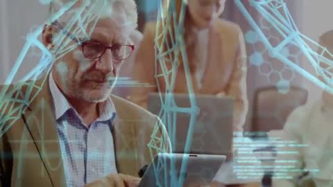 Senior executive tapping tablet projecting holographic network and scrolling code in boardroom