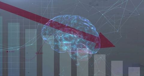 Holographic brain intersecting falling red arrow over analytics dashboard showing decline