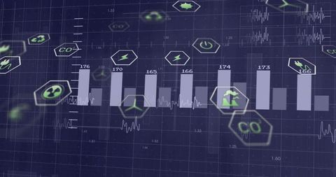 Futuristic Energy Analytics Dashboard with Neon Bar Chart and Sustainability Icons