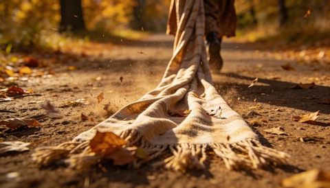 Dragging fringed blanket along autumn forest path at golden hour with boots and coat