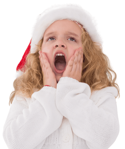 Surprised Festive Girl Wearing Santa Hat on White Background