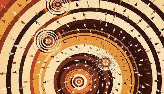 Rotating Target Spirals with Concentric Rings and Arrowheads in Warm Earth Tones
