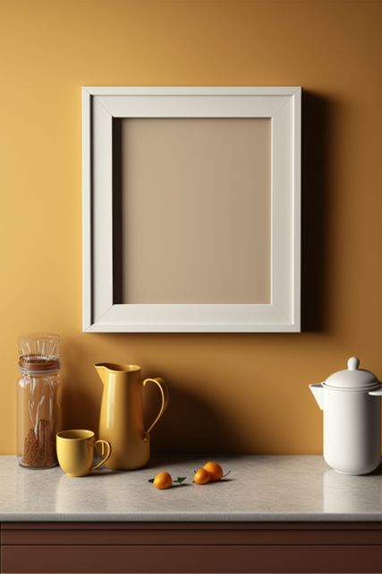 Kitchen with blank photoframe on wall with copy space, created using generative ai technology - Download Free Stock Photos Pikwizard.com