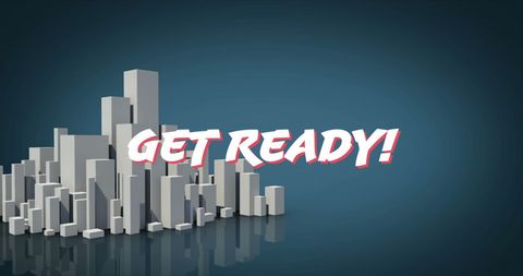 Digital cityscape with get ready text overlay