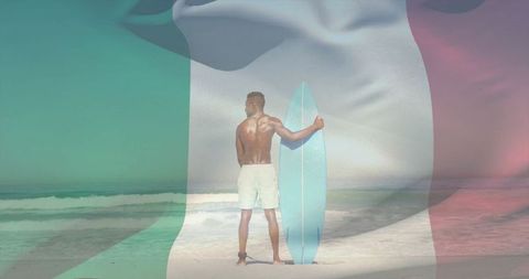 Surfer holding board, overlaid with ocean and national flag