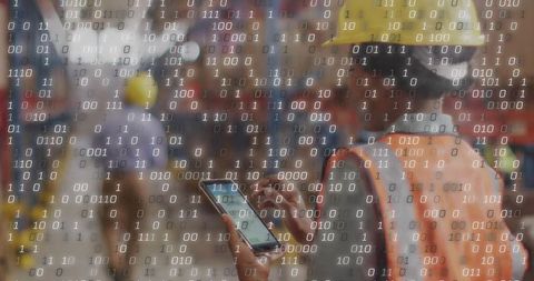 Field Worker Using Smartphone with Binary Code Overlay Representing Smart Construction Site