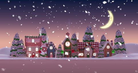Charming Christmas Village at Night with Snowfall and Moon