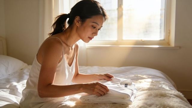 Asian woman folding and smoothing white linens on bed in warm morning sunlight, minimal bedroom