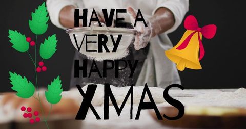 Baker sifting flour for christmas baking with festive holiday greeting overlay