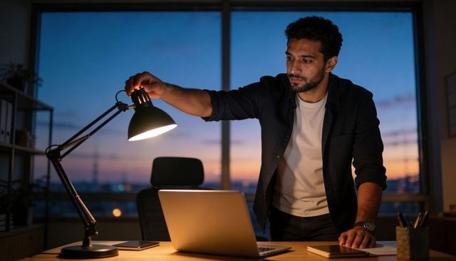 Man adjusting desk lamp while working late at laptop in modern office with city sunset