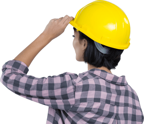 Rear view transparent female architect wearing hard hat