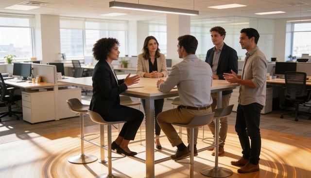 Diverse team collaborating at high table in modern open-plan office during brainstorming