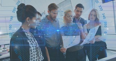 Business team analyzing data with augmented reality overlay during presentation