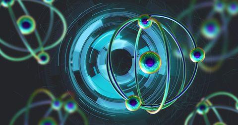 Abstract atomic structure with digital rings and spheres