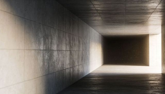 Minimalist concrete corridor revealing distant light, strong perspective, textured panels