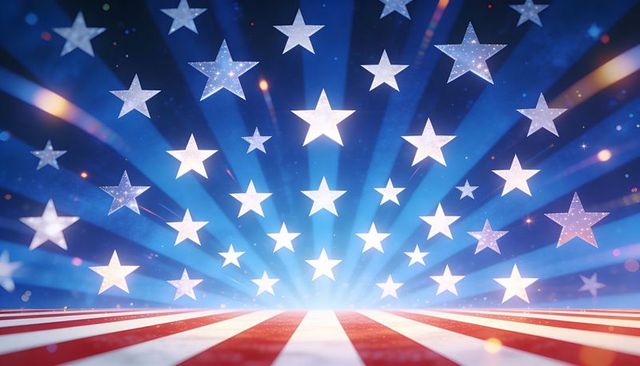 Radiating american flag stage glowing stars and red white striped floor patriotic backdrop