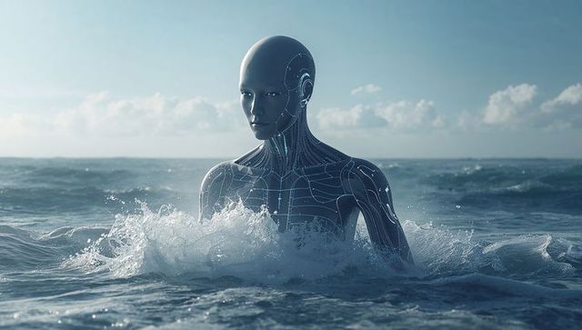 Androgynous Android Emerging from Ocean with Illuminated Circuitry and Tranquil Horizon