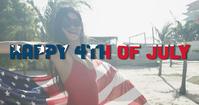 Image of happy 4th of july text and biracial woman dancing with american flag in sun. America, independence day, celebration, tradition, holiday and patriotism concept digitally generated image.